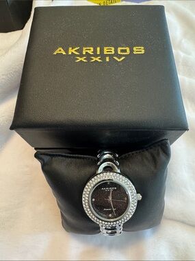 Akribos XXIV Silver Watch with Black Glitter Dial and Crystal Bezel